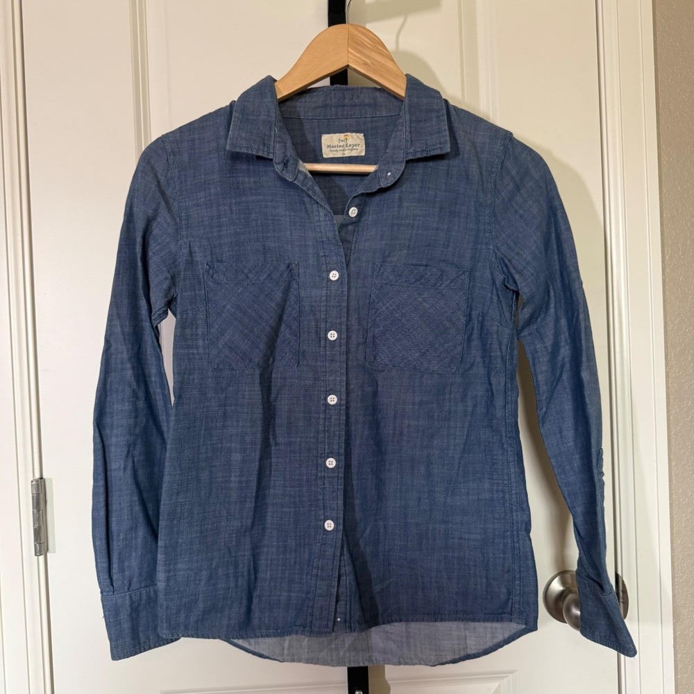 Marine Layer Womens XS Blue Chambray Button Down‎ Long Sleeve Shirt